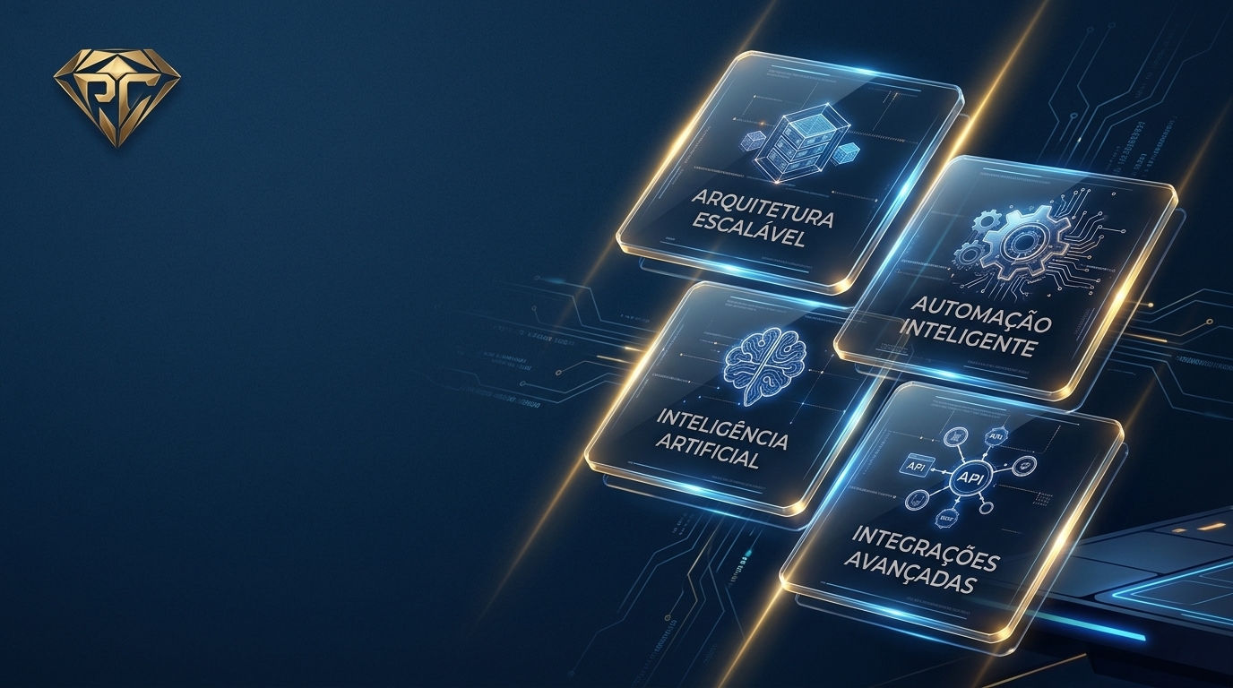 Painéis digitais de arquitetura escalável, automação inteligente, inteligência artificial e integrações avançadas